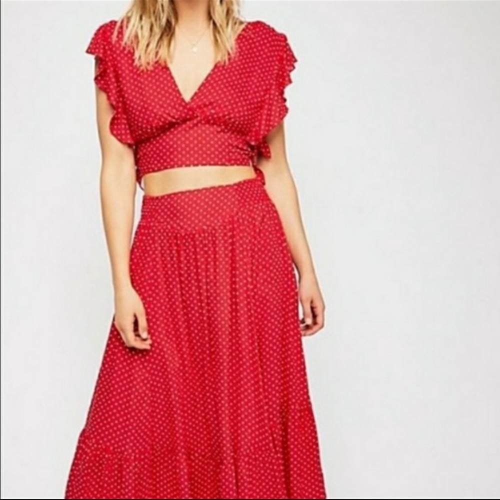 Free People Pretty Daze Crop Top and Skirt Set Red Dot Large